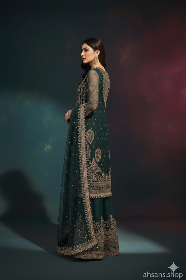 The Festive Dream: Sequence Embroidered Luxury Gharara. Unstitched 3-Piece by Ahsans.shop.