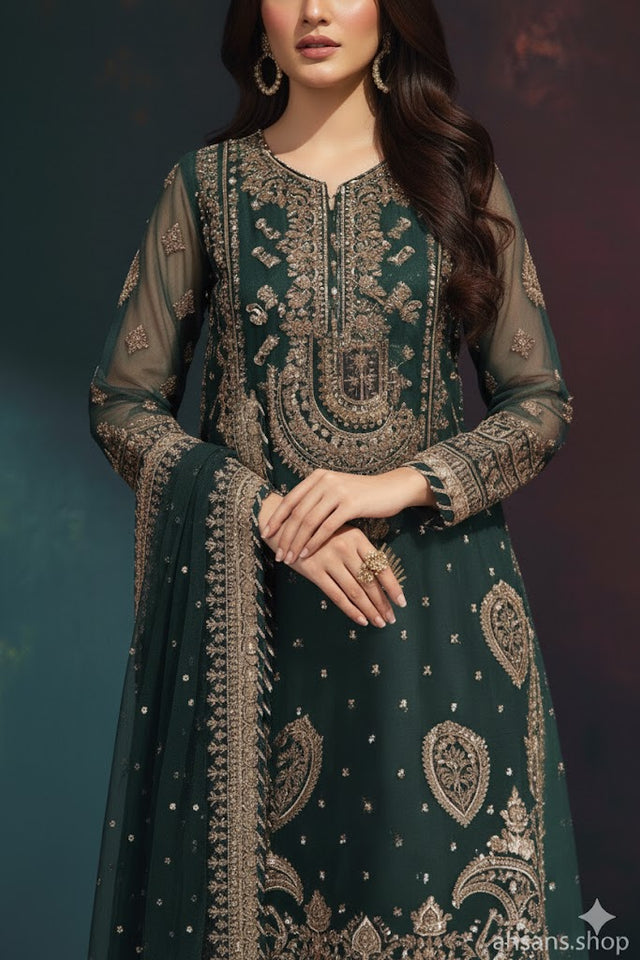 The Festive Dream: Sequence Embroidered Luxury Gharara. Unstitched 3-Piece by Ahsans.shop.