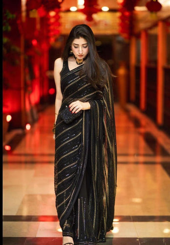 Luxury Embroidered Chiffon Saree. Unstitched Elegance by Ahsans.shop.