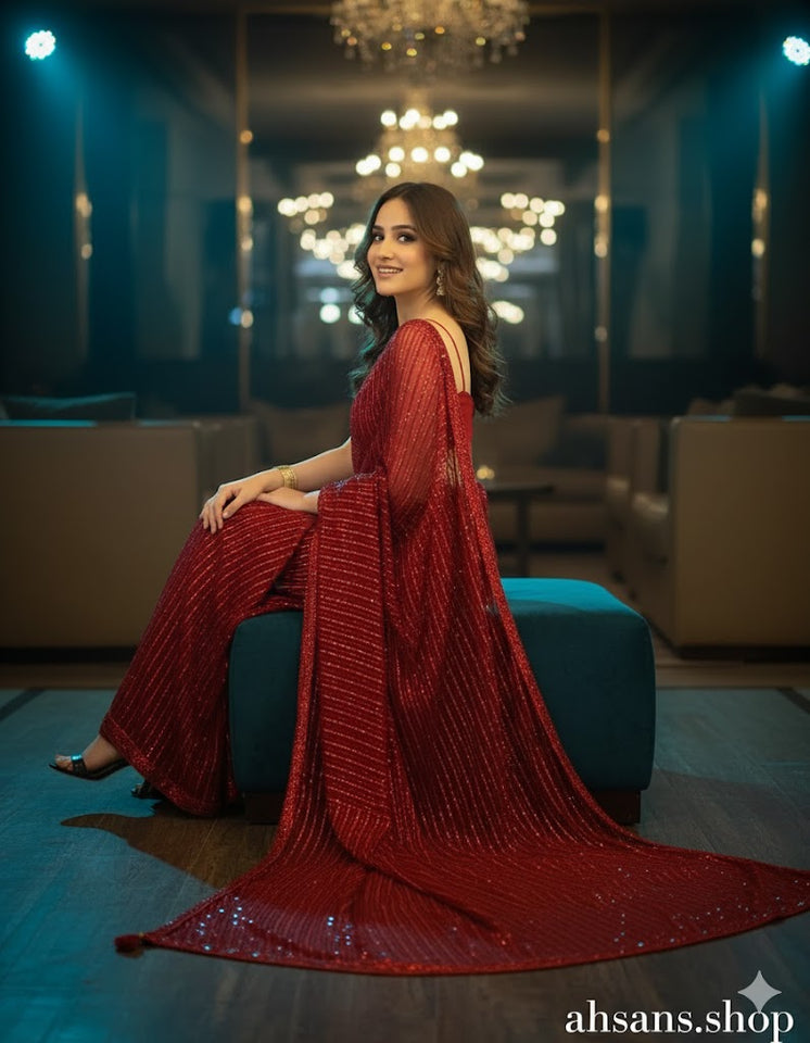 Shamooz Silk & Sequence Embroidered Saree. Unstitched Luxury by Ahsans.shop.