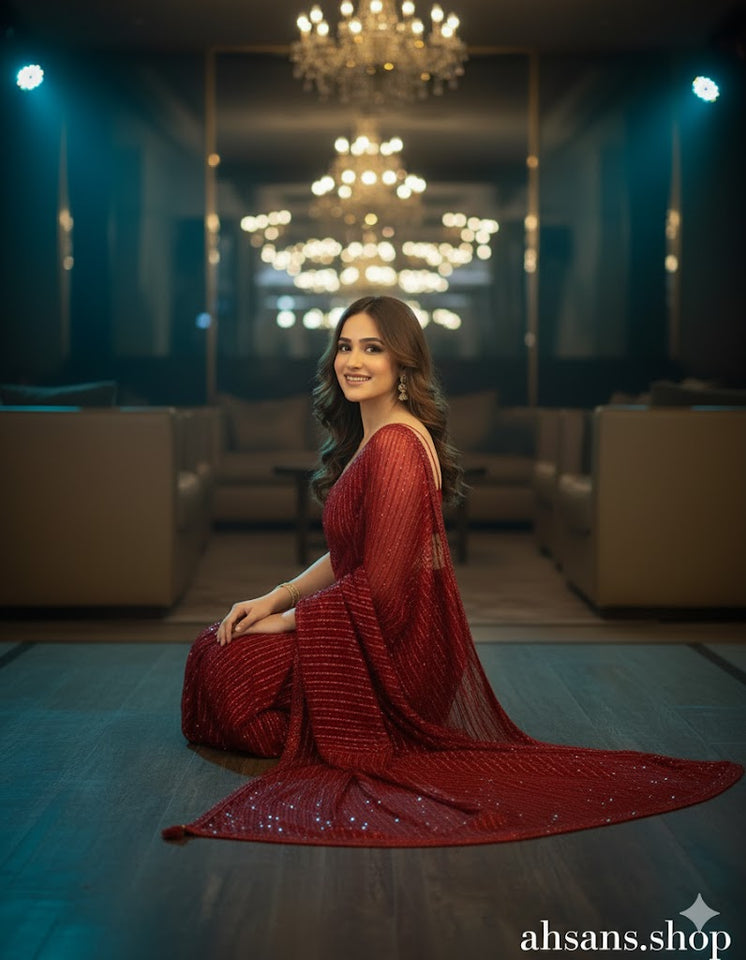 Shamooz Silk & Sequence Embroidered Saree. Unstitched Luxury by Ahsans.shop.