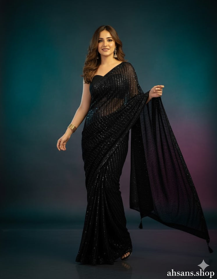 Shamooz Silk & Sequence Embroidered Saree. Unstitched Luxury by Ahsans.shop.