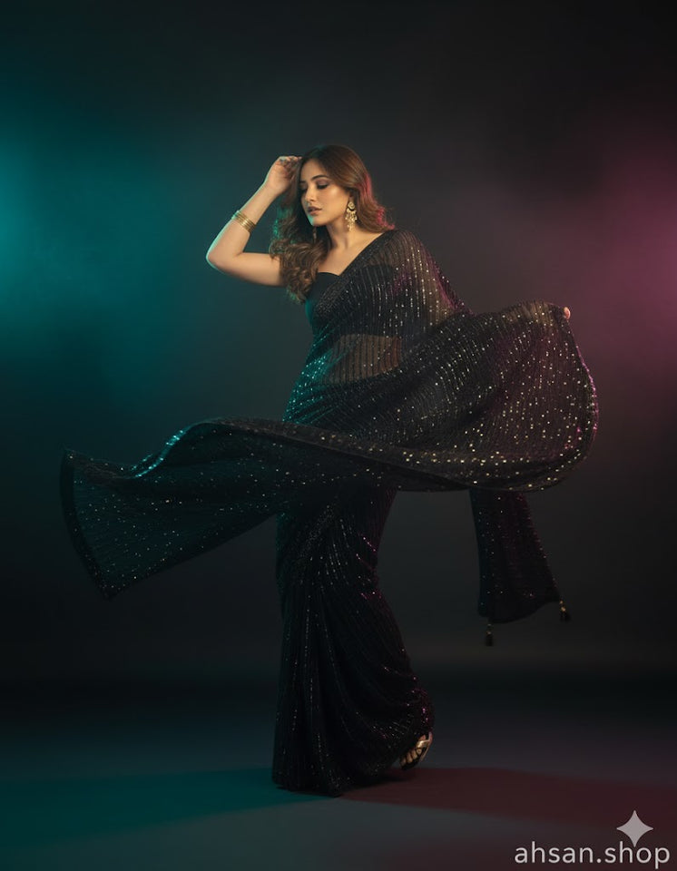 Shamooz Silk & Sequence Embroidered Saree. Unstitched Luxury by Ahsans.shop.