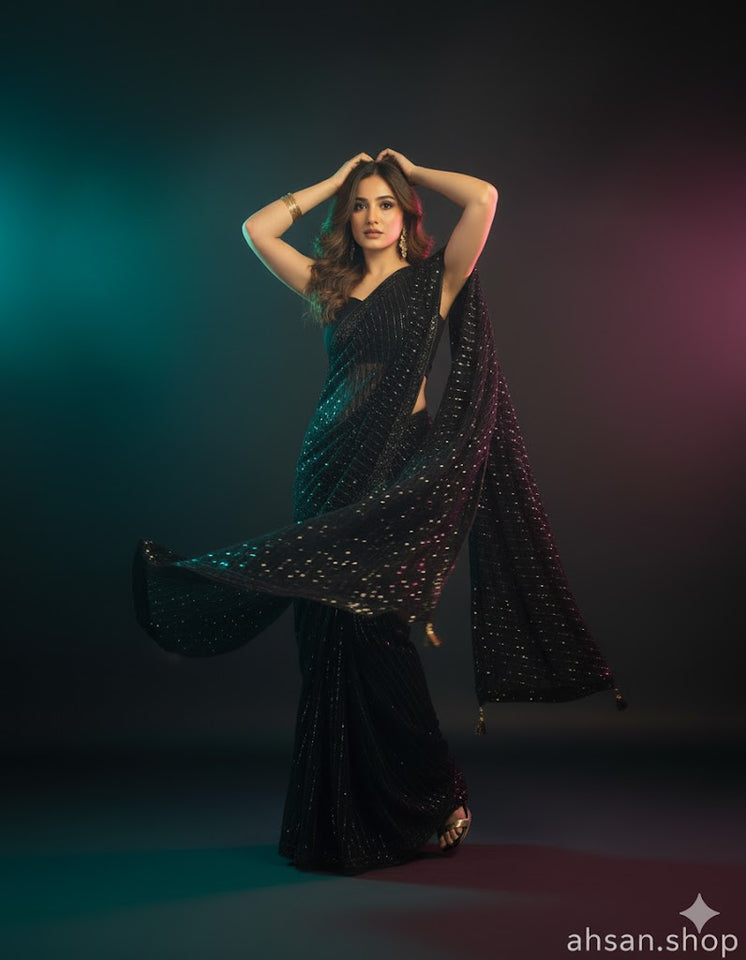 Shamooz Silk & Sequence Embroidered Saree. Unstitched Luxury by Ahsans.shop.