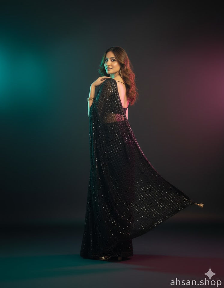 Shamooz Silk & Sequence Embroidered Saree. Unstitched Luxury by Ahsans.shop.