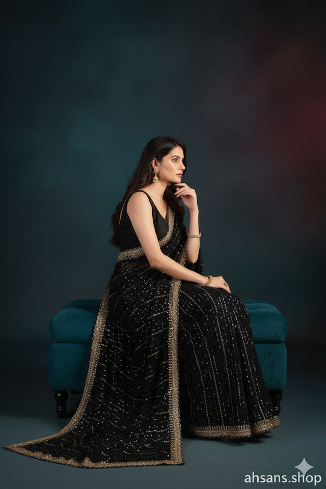 Luxury Embroidered Chiffon Saree. Unstitched Elegance by Ahsans.shop.