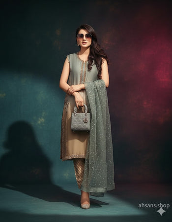 The Signature Look: Luxury Hand-embellished elegance in 3-piece Silk: Deep Indigo Luxury by Ahsans.shop.