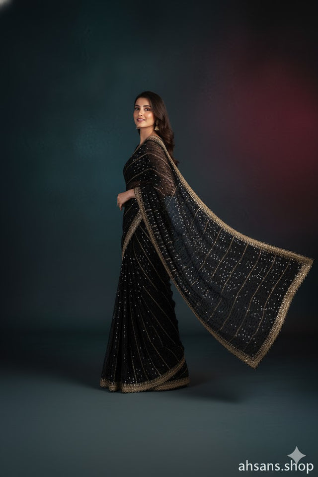 Luxury Embroidered Chiffon Saree. Unstitched Elegance by Ahsans.shop.