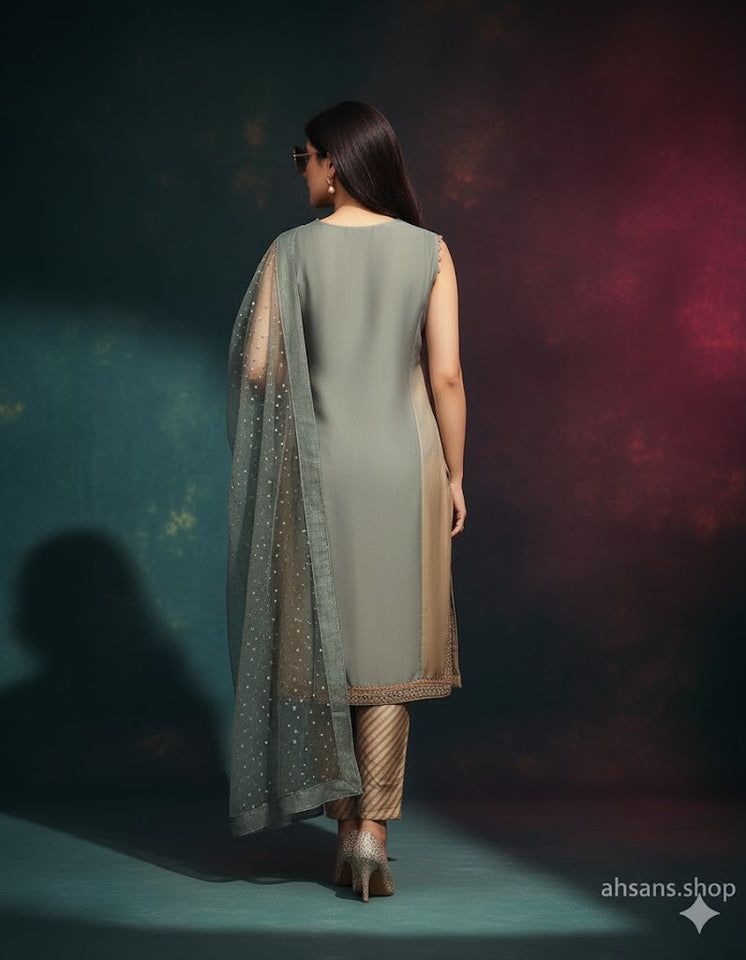 The Signature Look: Luxury Hand-embellished elegance in 3-piece Silk: Deep Indigo Luxury by Ahsans.shop.