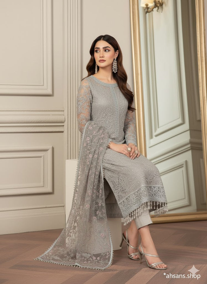 Net Embroidered Hand Embellished Luxury Unstitched 3pc