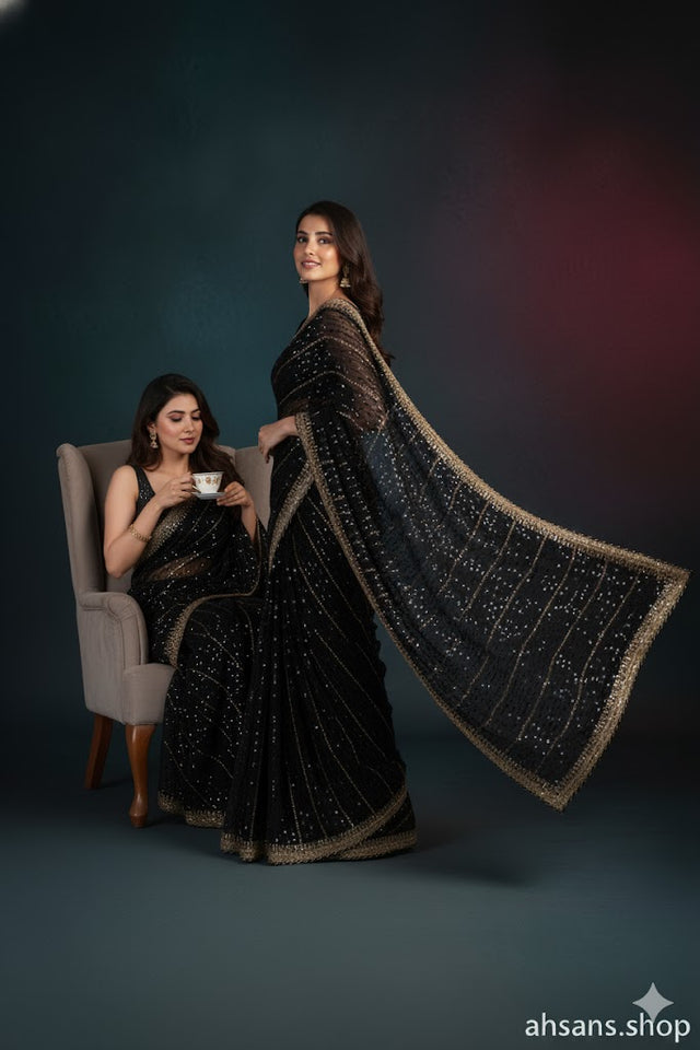 Luxury Embroidered Chiffon Saree. Unstitched Elegance by Ahsans.shop.
