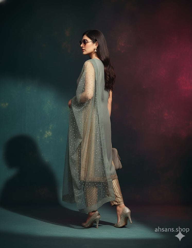 The Signature Look: Luxury Hand-embellished elegance in 3-piece Silk: Deep Indigo Luxury by Ahsans.shop.