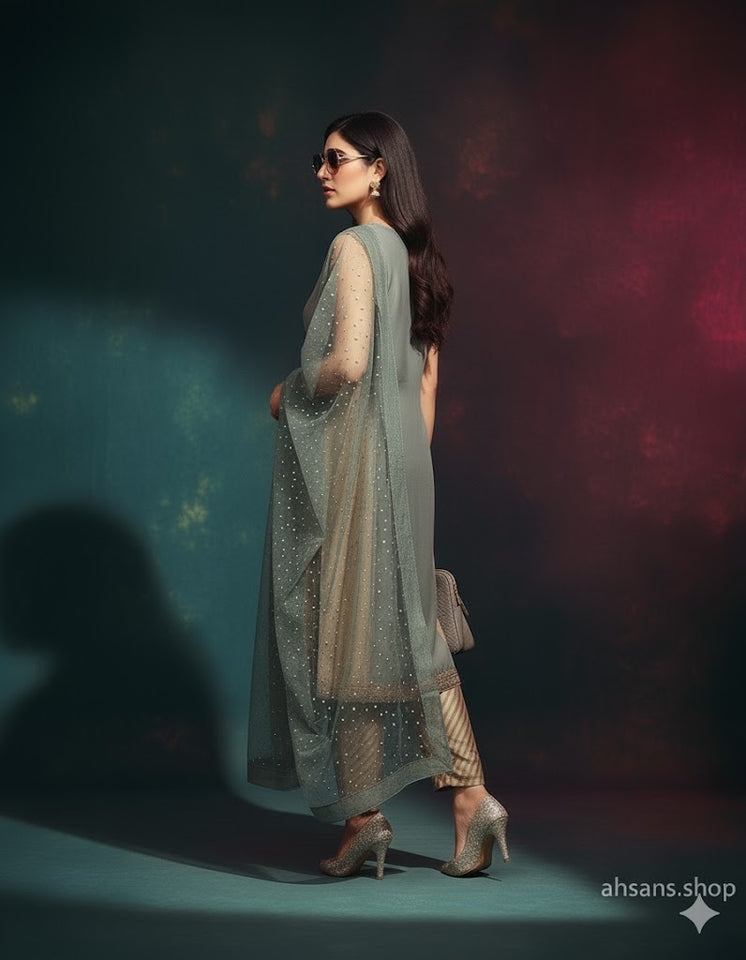 The Signature Look: Luxury Hand-embellished elegance in 3-piece Silk: Deep Indigo Luxury by Ahsans.shop.