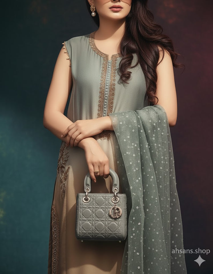 The Signature Look: Luxury Hand-embellished elegance in 3-piece Silk: Deep Indigo Luxury by Ahsans.shop.