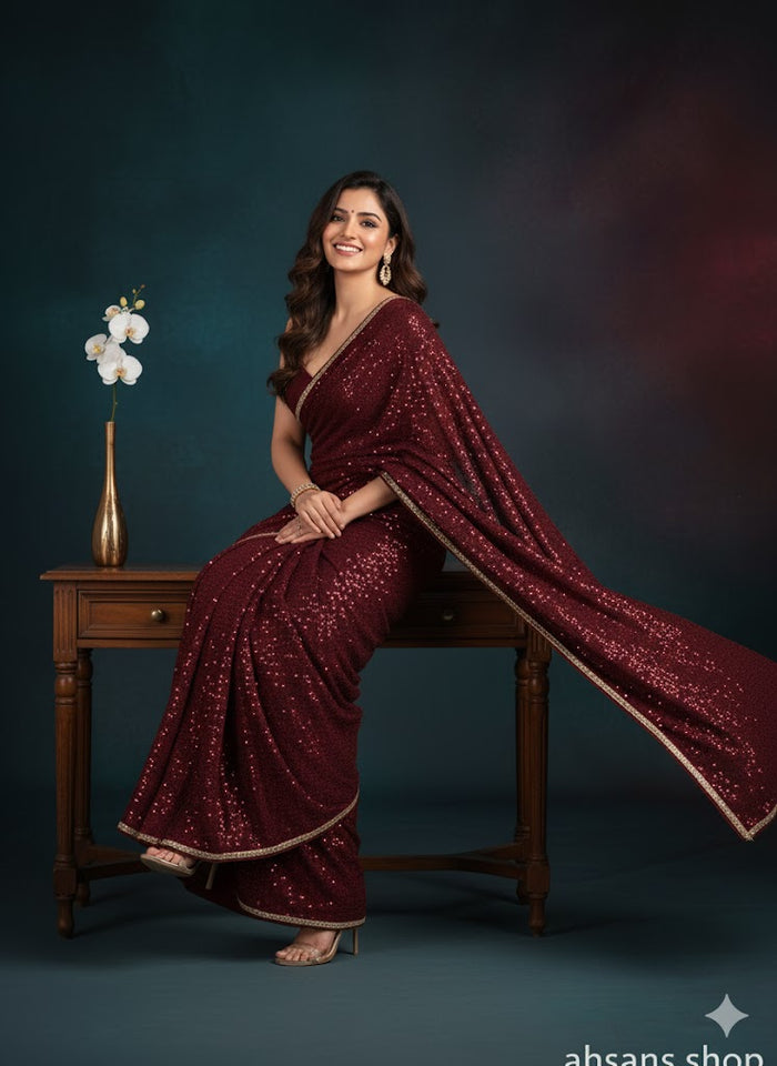 Luxury Embroidered Chiffon Saree. Unstitched Elegance by Ahsans.shop.