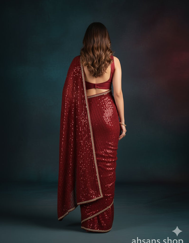 Shamooz Silk & Sequence Embroidered Saree. Unstitched Luxury by Ahsans.shop.